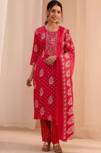women ethnic motifs printed regular kurta with trousers & with dupatta