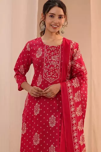 women ethnic motifs printed regular kurta with trousers & with dupatta