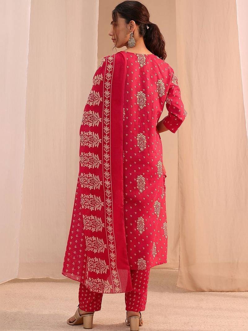 women ethnic motifs printed regular kurta with trousers & with dupatta