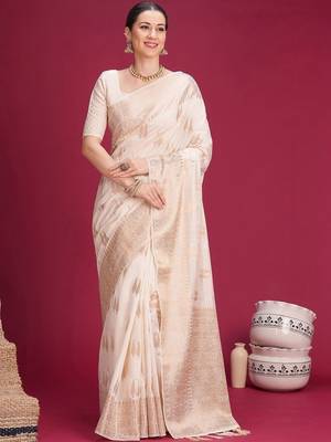 Off white woven design zari silk cotton handloom banarasi saree 1