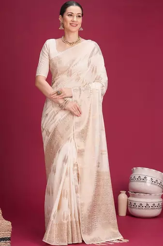 Off white woven design zari silk cotton handloom banarasi saree