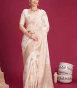Off white woven design zari silk cotton handloom banarasi saree