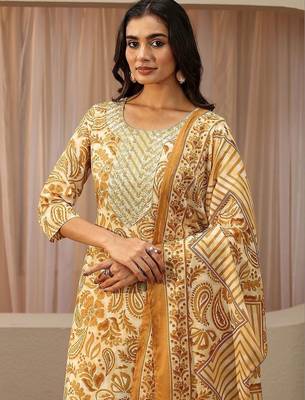 mustard paisley printed cotton straight suit set 2