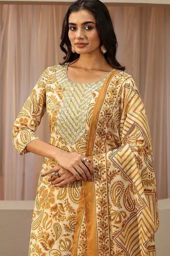 mustard paisley printed cotton straight suit set