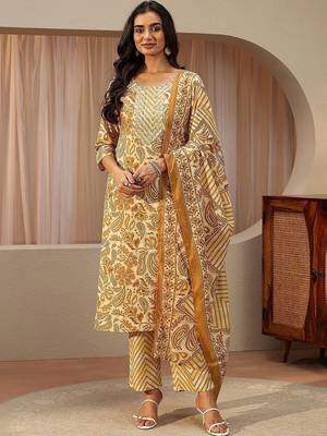 mustard paisley printed cotton straight suit set 3