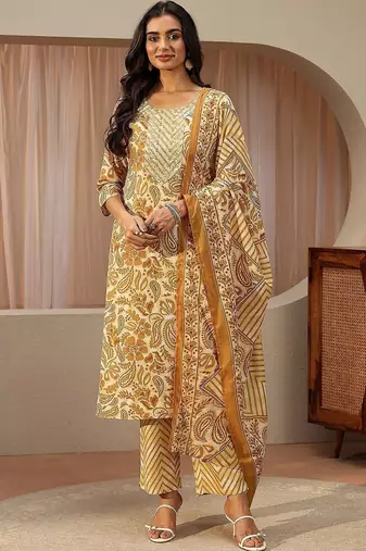 mustard paisley printed cotton straight suit set