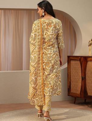 mustard paisley printed cotton straight suit set 6