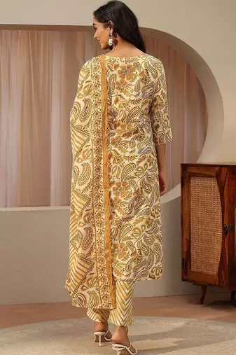 mustard paisley printed cotton straight suit set