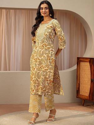 mustard paisley printed cotton straight suit set 7