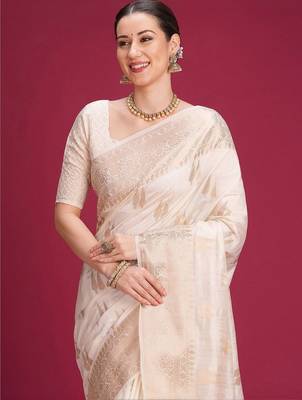 Off white woven design zari silk cotton handloom banarasi saree 2