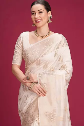 Off white woven design zari silk cotton handloom banarasi saree