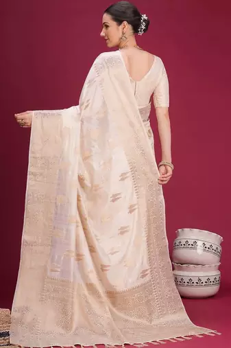 Off white woven design zari silk cotton handloom banarasi saree