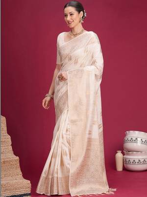 Off white woven design zari silk cotton handloom banarasi saree 4