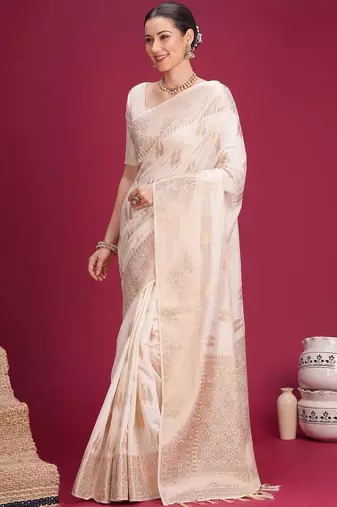 Off white woven design zari silk cotton handloom banarasi saree