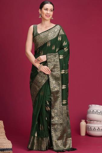 Green woven design zari silk blend handloom banarasi saree