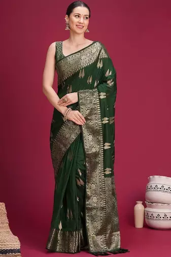 Green woven design zari silk blend handloom banarasi saree