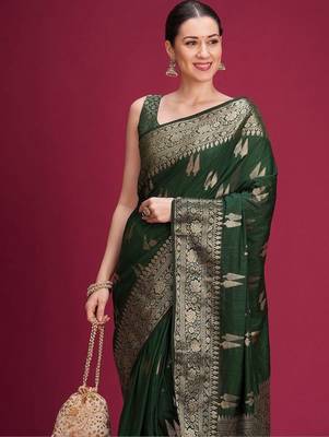 Green woven design zari silk blend handloom banarasi saree 2