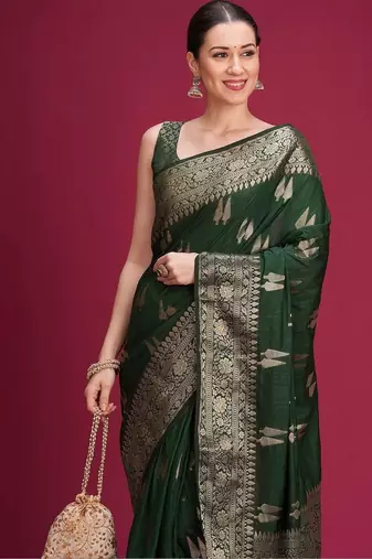 Green woven design zari silk blend handloom banarasi saree