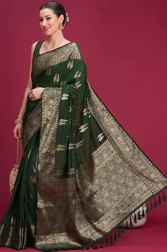 Green woven design zari silk blend handloom banarasi saree