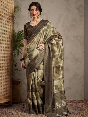 Olive ethnic motifs kantha work silk cotton tussar saree 1