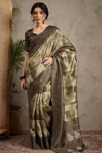 Olive ethnic motifs kantha work silk cotton tussar saree