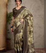 Olive ethnic motifs kantha work silk cotton tussar saree