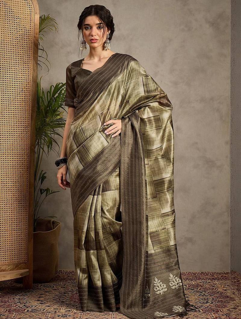 Olive ethnic motifs kantha work silk cotton tussar saree