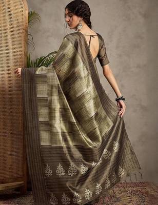 Olive ethnic motifs kantha work silk cotton tussar saree 2