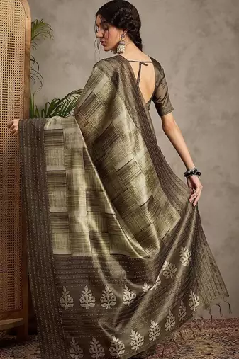 Olive ethnic motifs kantha work silk cotton tussar saree
