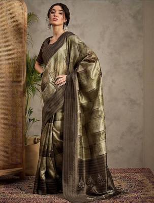 Olive ethnic motifs kantha work silk cotton tussar saree 3