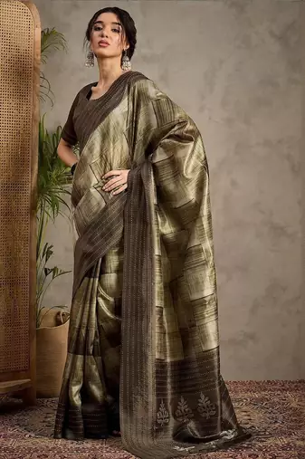 Olive ethnic motifs kantha work silk cotton tussar saree