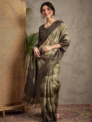 Olive ethnic motifs kantha work silk cotton tussar saree 4
