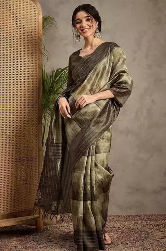 Olive ethnic motifs kantha work silk cotton tussar saree
