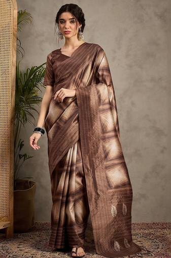 Brown kantha work silk cotton tussar saree