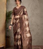 Brown kantha work silk cotton tussar saree