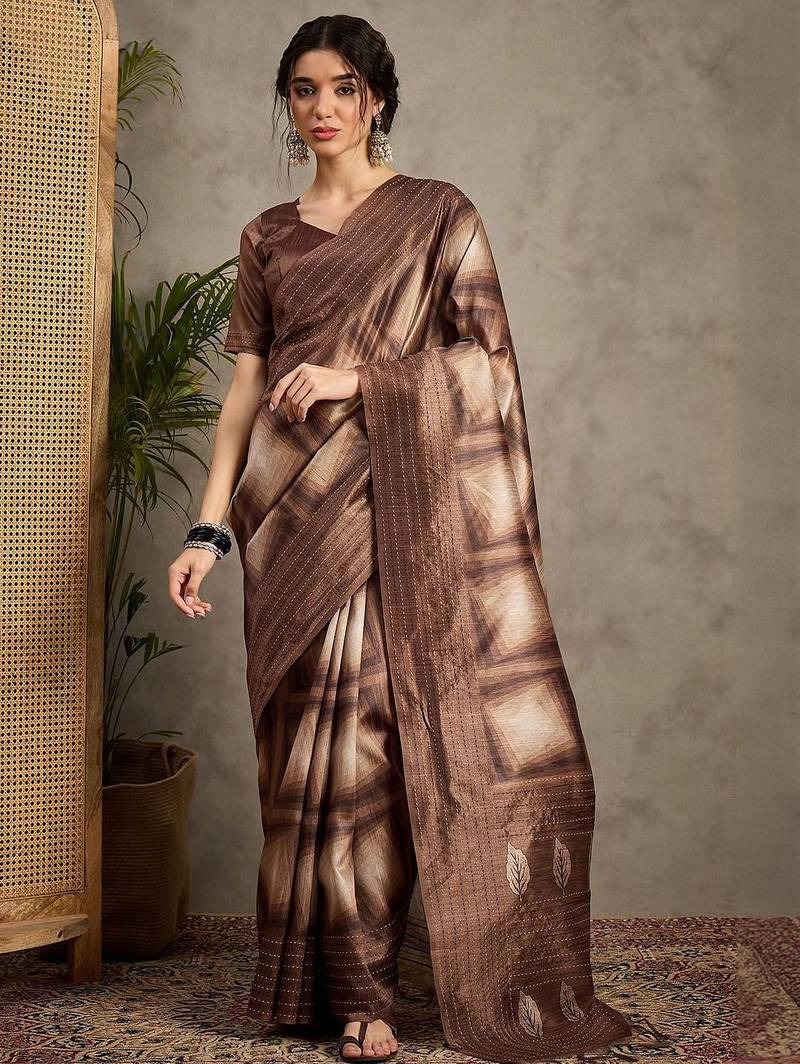 Brown kantha work silk cotton tussar saree
