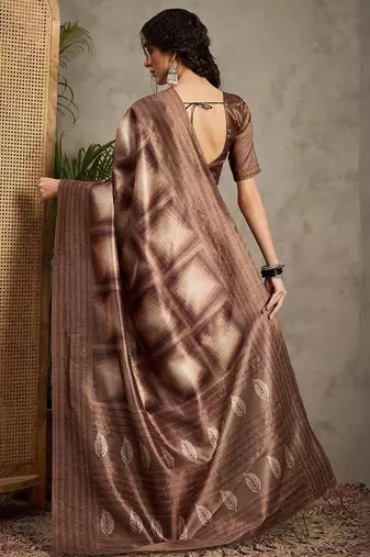 Brown kantha work silk cotton tussar saree