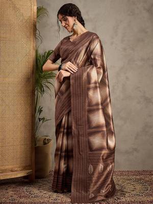Brown kantha work silk cotton tussar saree 3