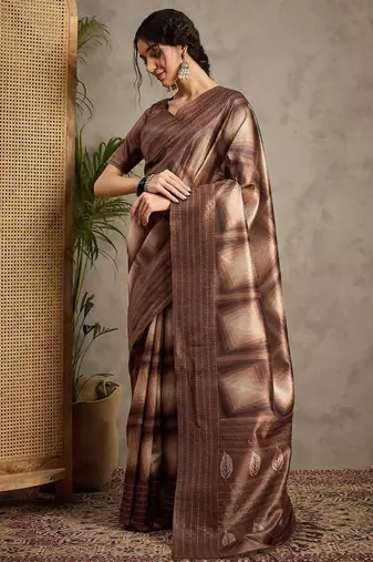 Brown kantha work silk cotton tussar saree