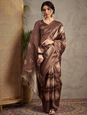 Brown kantha work silk cotton tussar saree 4