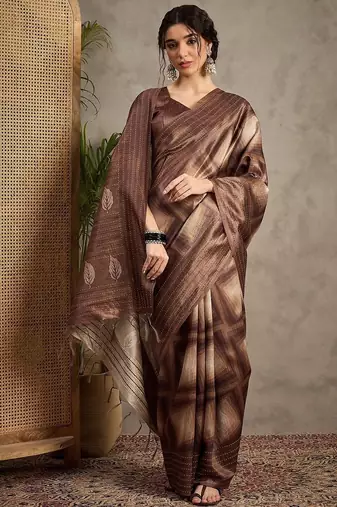 Brown kantha work silk cotton tussar saree