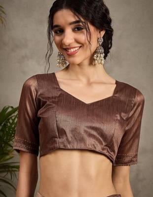 Brown kantha work silk cotton tussar saree 5