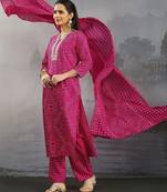 women ethnic motifs printed regular thread work kurta with palazzos & with dupatta