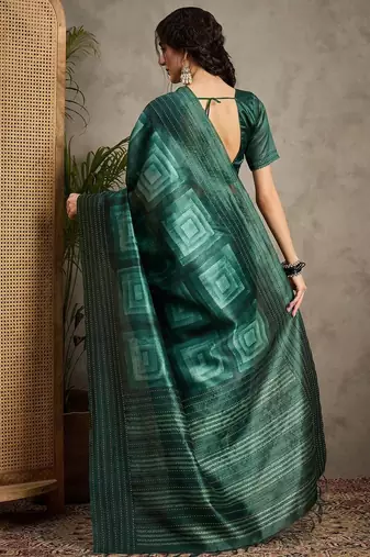 Green ethnic motifs kantha work silk cotton tussar saree