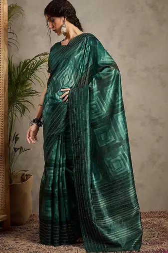 Green ethnic motifs kantha work silk cotton tussar saree