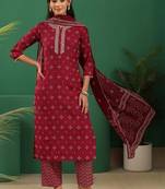 women ethnic motifs printed regular thread work kurta with trousers & with dupatta