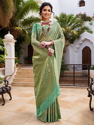 Green woven design zari chanderi saree with blouse piece 1