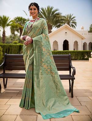 Green woven design zari chanderi saree with blouse piece 2