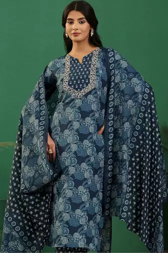 women ethnic motifs printed regular thread work kurta with trousers & with dupatta
