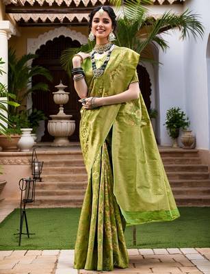 Lime woven design linen blend chanderi saree 1